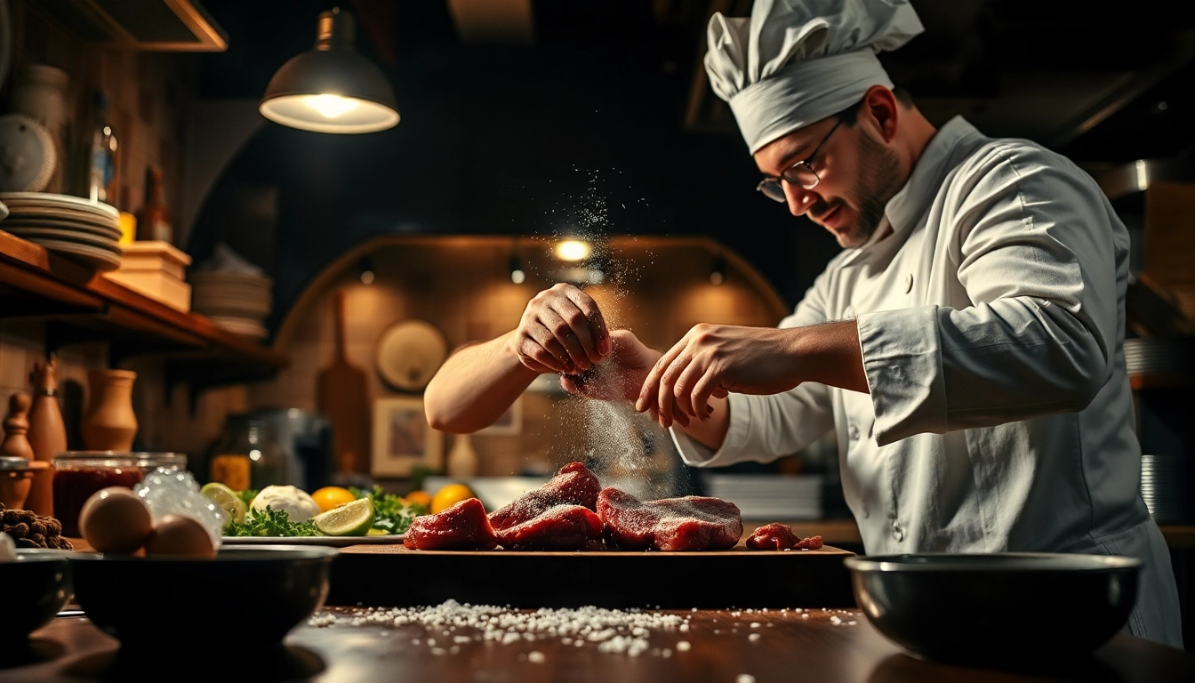 Chef seasoning meat with Salting technique in a vibrant kitchen setting.