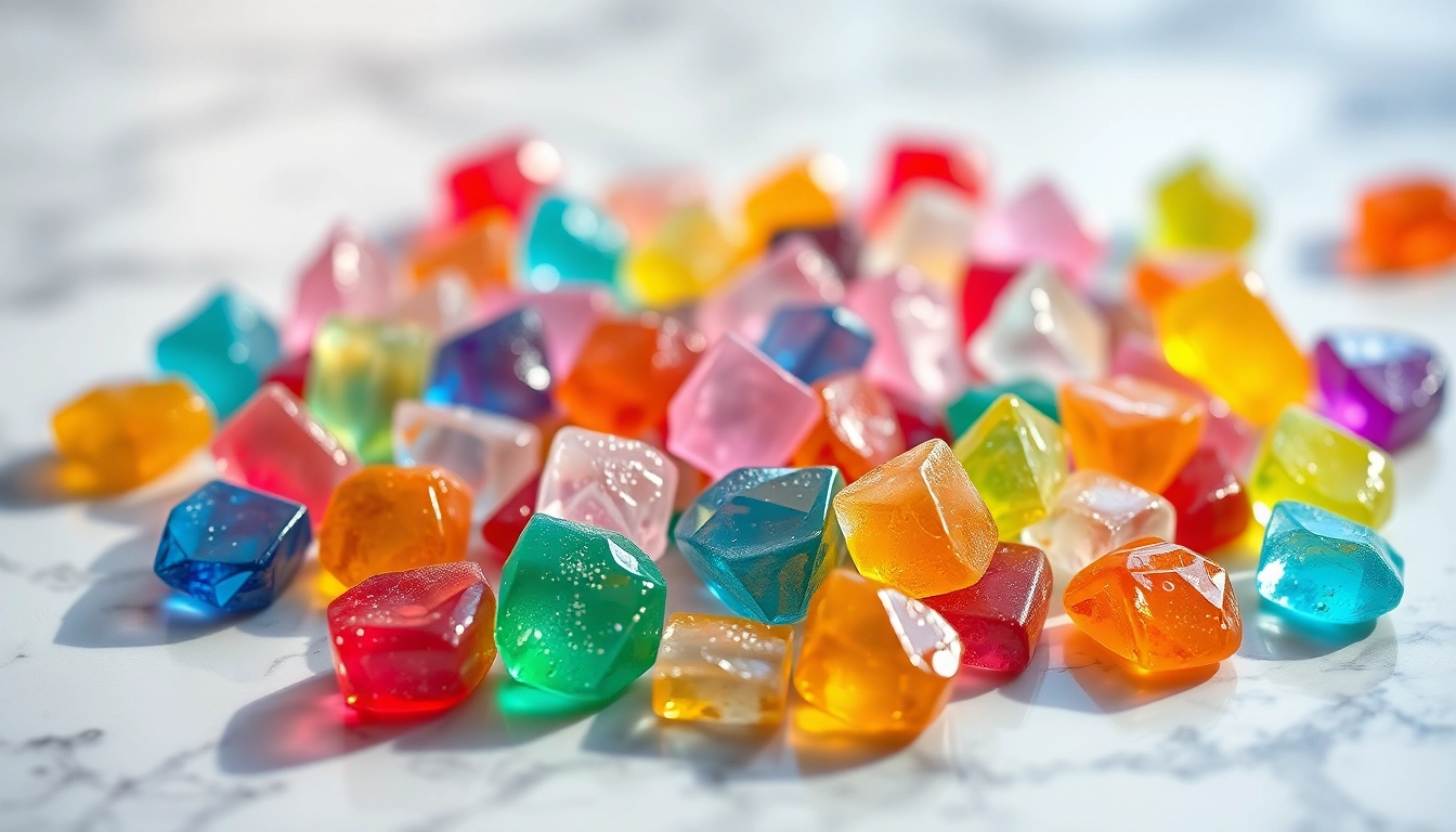 Showcase vibrant crystal candy pieces glistening in soft light, inviting indulgence in unique flavors.