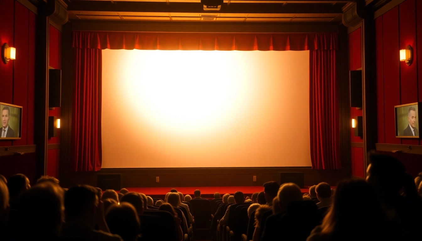 Enjoy public domain movies streaming on a vintage cinema screen surrounded by an engaged audience.