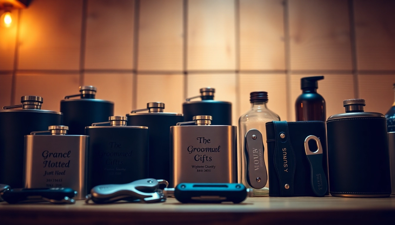 Showcase an array of cheap groomsmen gifts, highlighting unique flasks and tools, perfect for weddings.