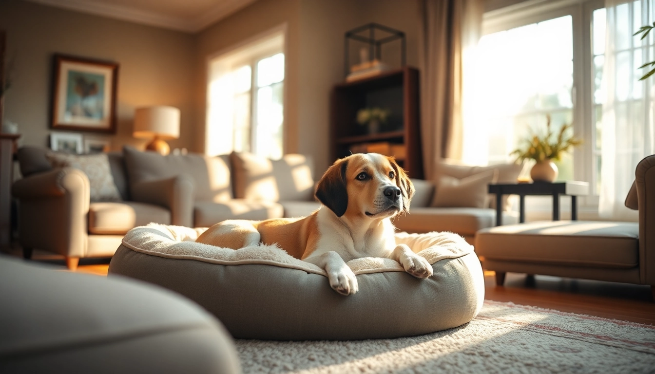 Pamper your pet with a cozy dog bed and gentle sunlight illuminating the peaceful atmosphere.