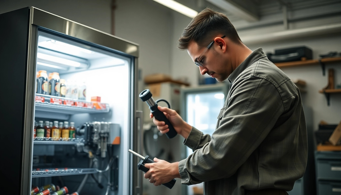 Technician performing soda cooler repair with tools in a professional workshop.