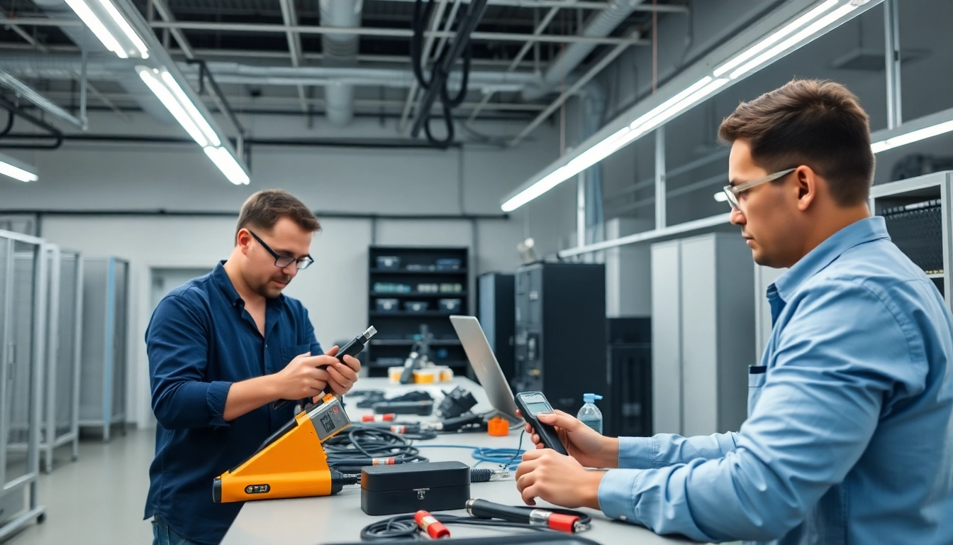 Technicians providing Data Cable Installation service with professional tools in a modern workshop environment.