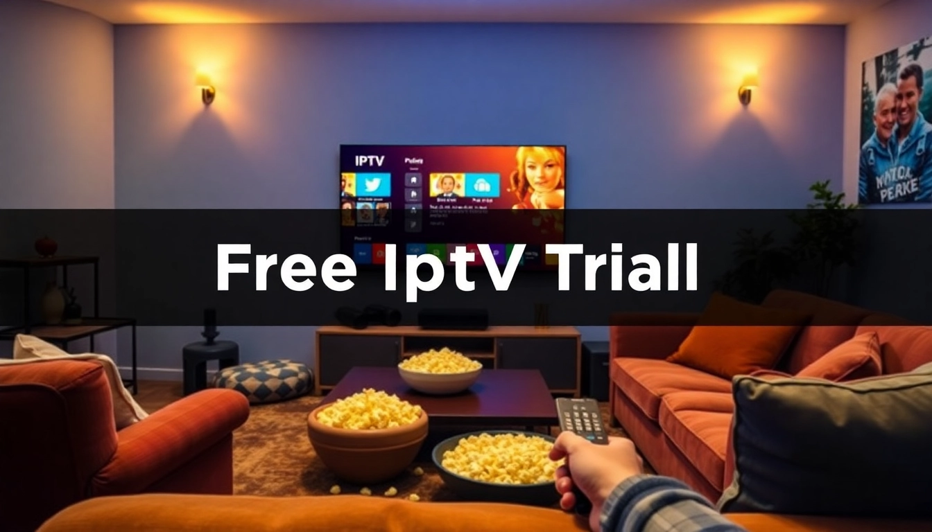 Experience a free iptv trial with a vibrant living room scene featuring an IPTV interface on a large TV.