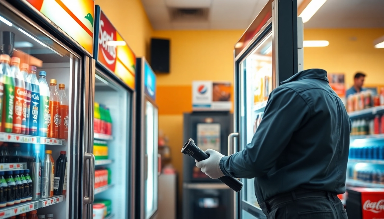 Soda cooler repair technician diligently fixing a beverage cooler with organized tools in a convenience store.