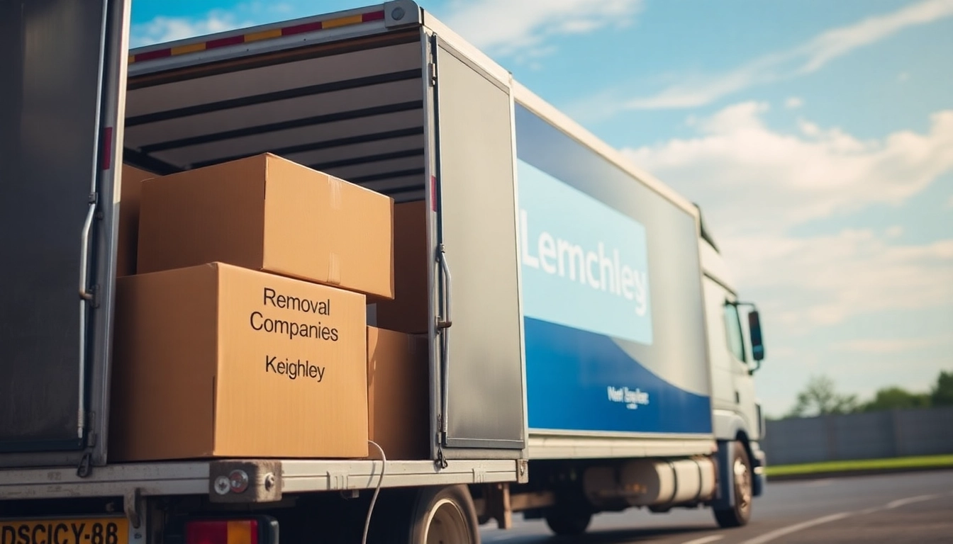 Moving truck showcasing services from removal companies Keighley, actively transporting labeled boxes.